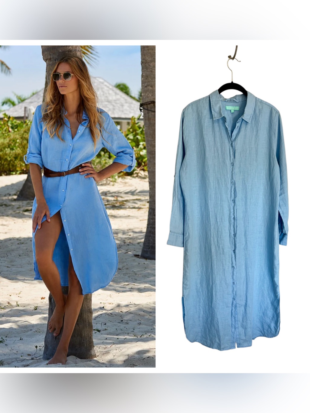 Melissa Odabash Dania Blue Linen Button Up Midi Shirt Dress Beachy Cover Up S
